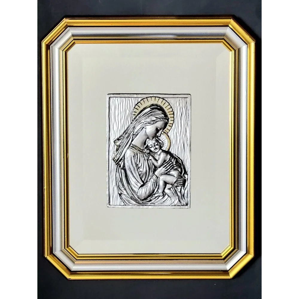 925K Sterling Blessed Mother & Child Mirror Wall Art Gold Tone Accents MCM Italy